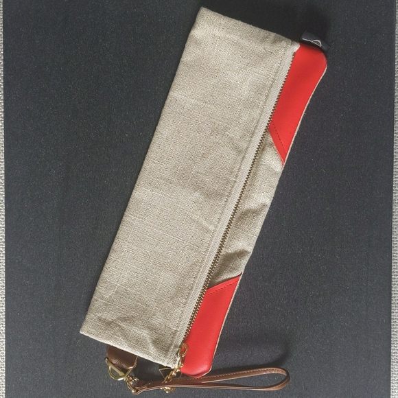 Handbags - Fold Over Linen Wristlet w/Red-Orange Leather Triangle Applique